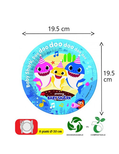 Baby Shark - Piatti di carta da dessert 20 cm ECO